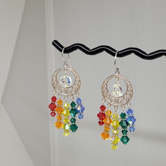 Rainbow Pride Chandelier Crystal Silver Dangle Earrings - Picture 3 of 5